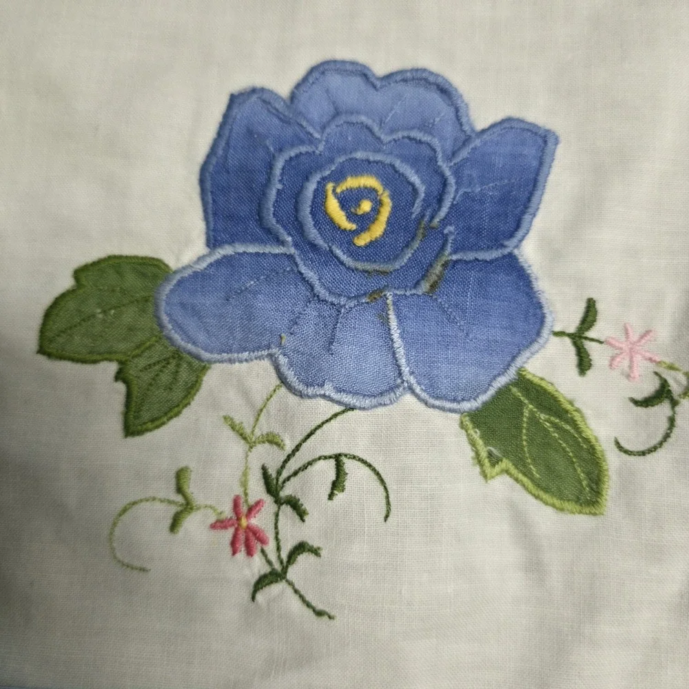 MCM Hand Embroidered Blue Rose Placemats Cotton Linen Table Linens Set of 7